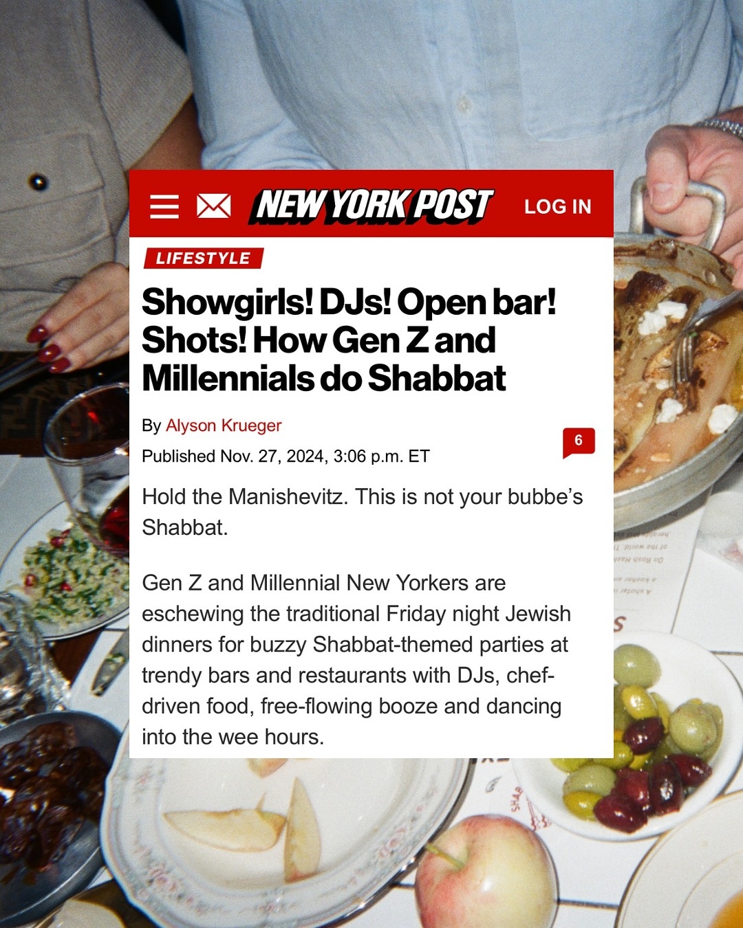 New York Post article about how Gen Z and Millennials do Shabbat, shown over a Shabbat dinner table