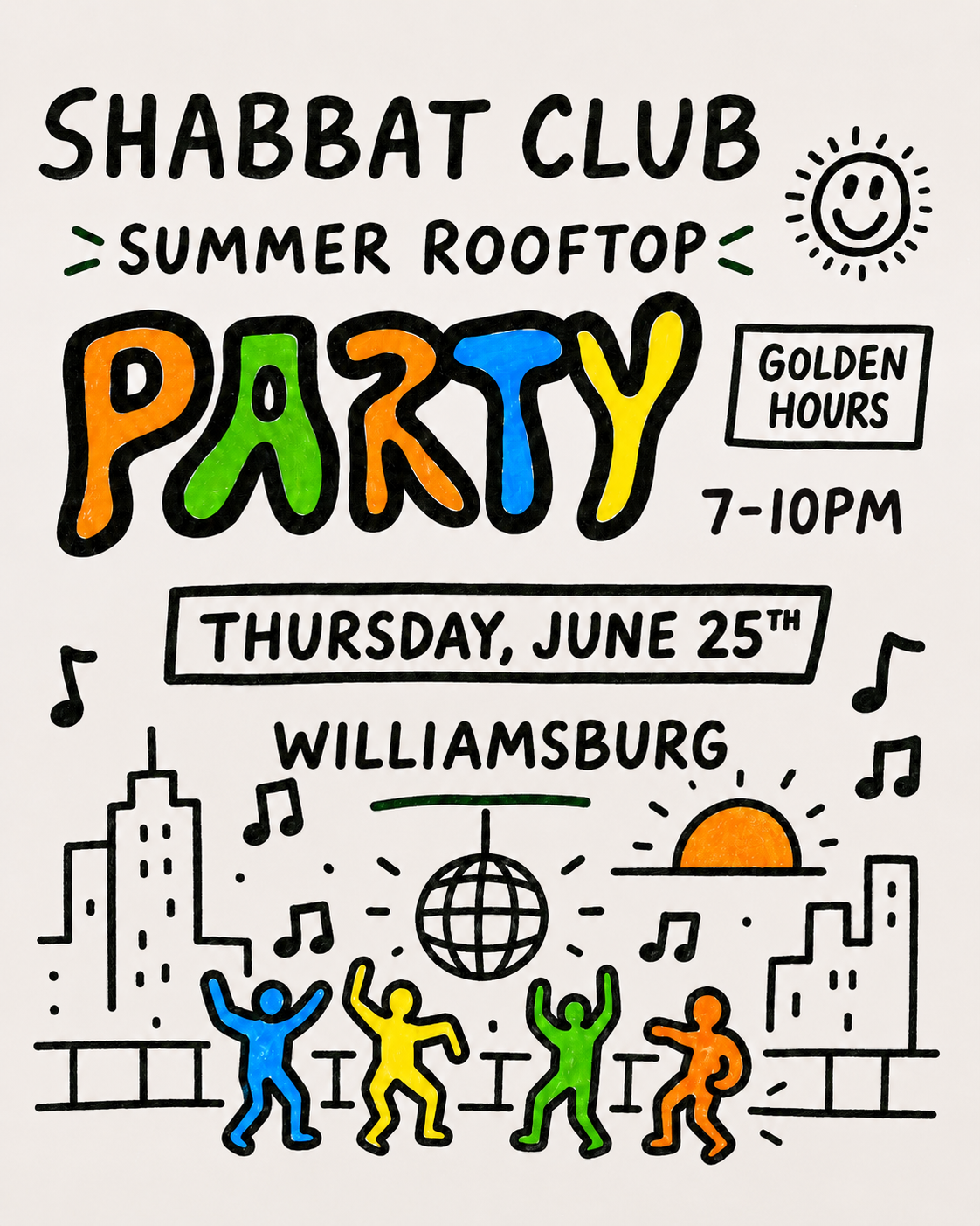 Hand-drawn flyer for the Shabbat Club summer rooftop party in Williamsburg