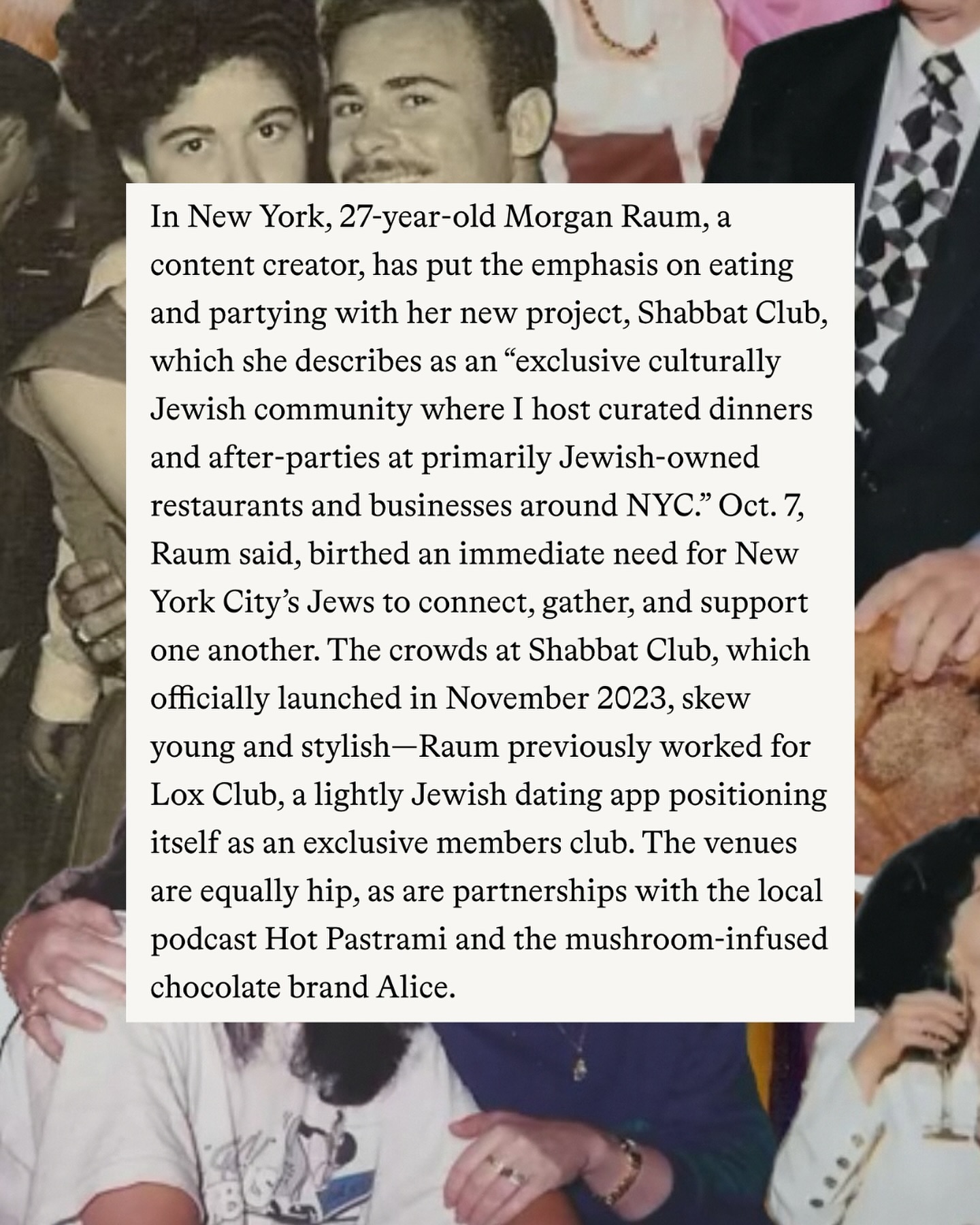 Magazine excerpt about Morgan Raum and Shabbat Club over a vintage party photo