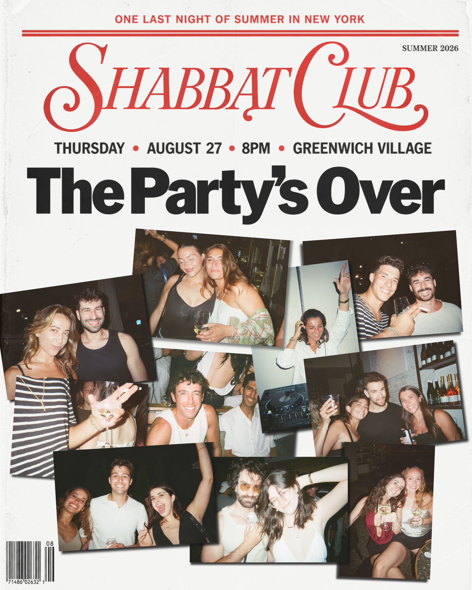 Magazine-cover flyer with party photo collage for The Party's Over, Thursday August 27 at 8pm in Greenwich Village