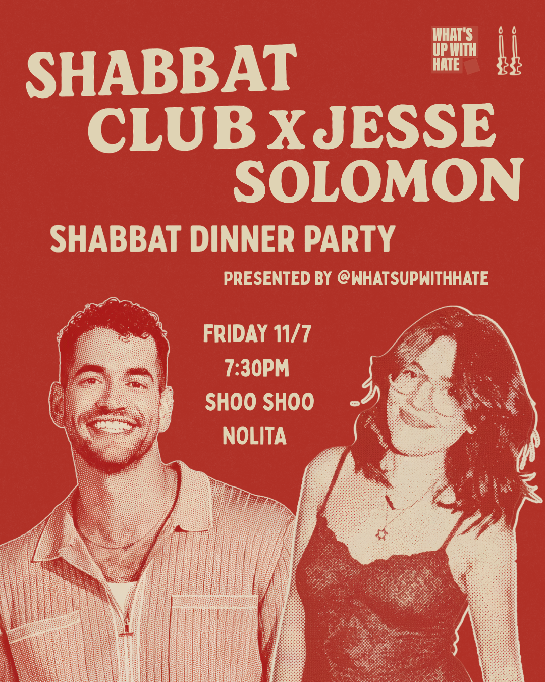 Red flyer for Shabbat Club x Jesse Solomon Shabbat dinner party, Friday 11/7 at 7:30pm at Shoo Shoo in Nolita