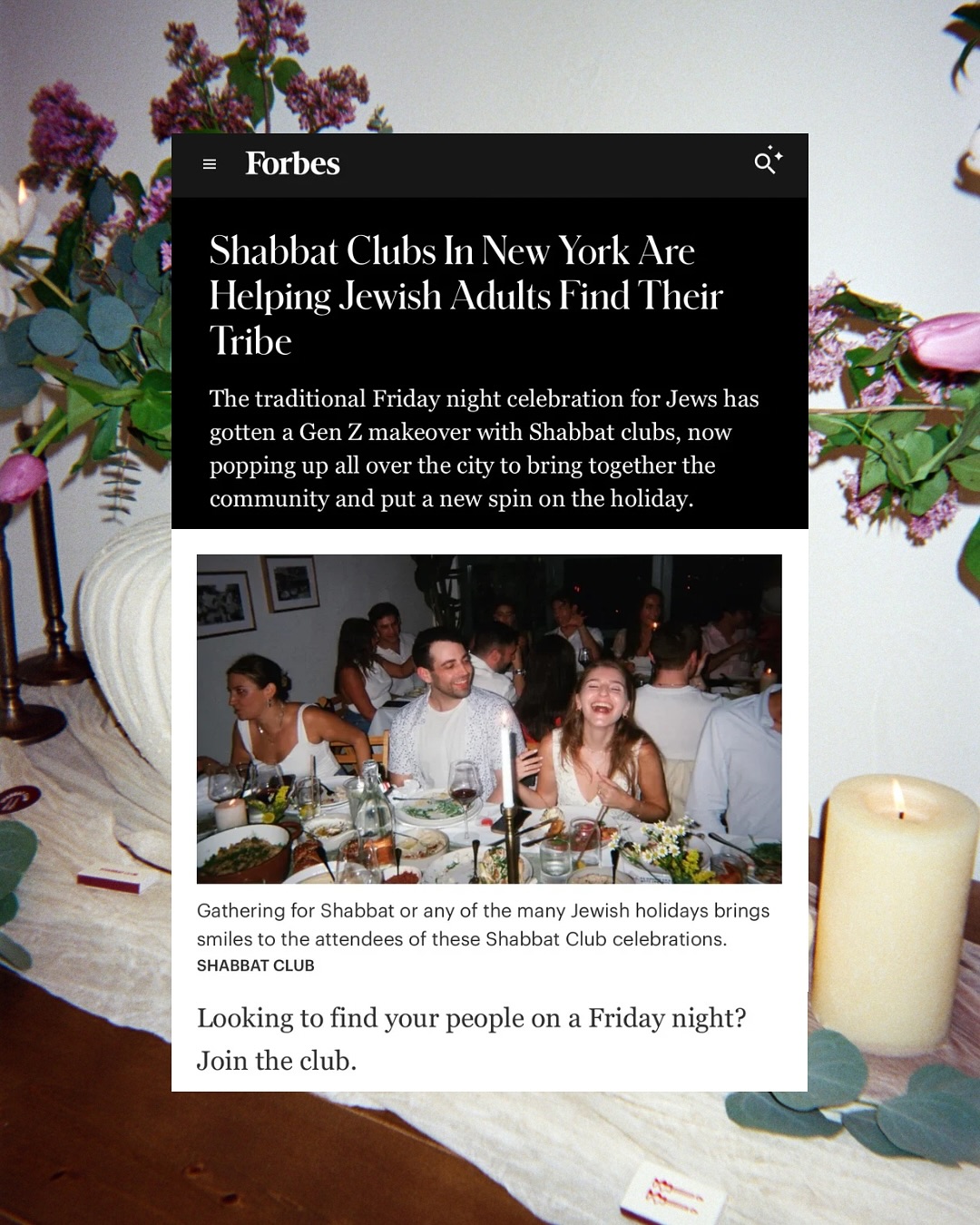 Forbes article about Shabbat Clubs in New York, shown over a candlelit Shabbat table