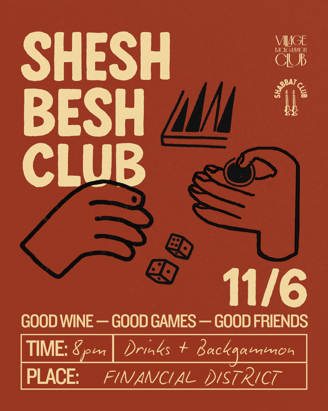 Rust-red flyer with hands and dice for Shesh Besh Club @ zizi wine bar, backgammon and drinks in the Financial District on 11/6
