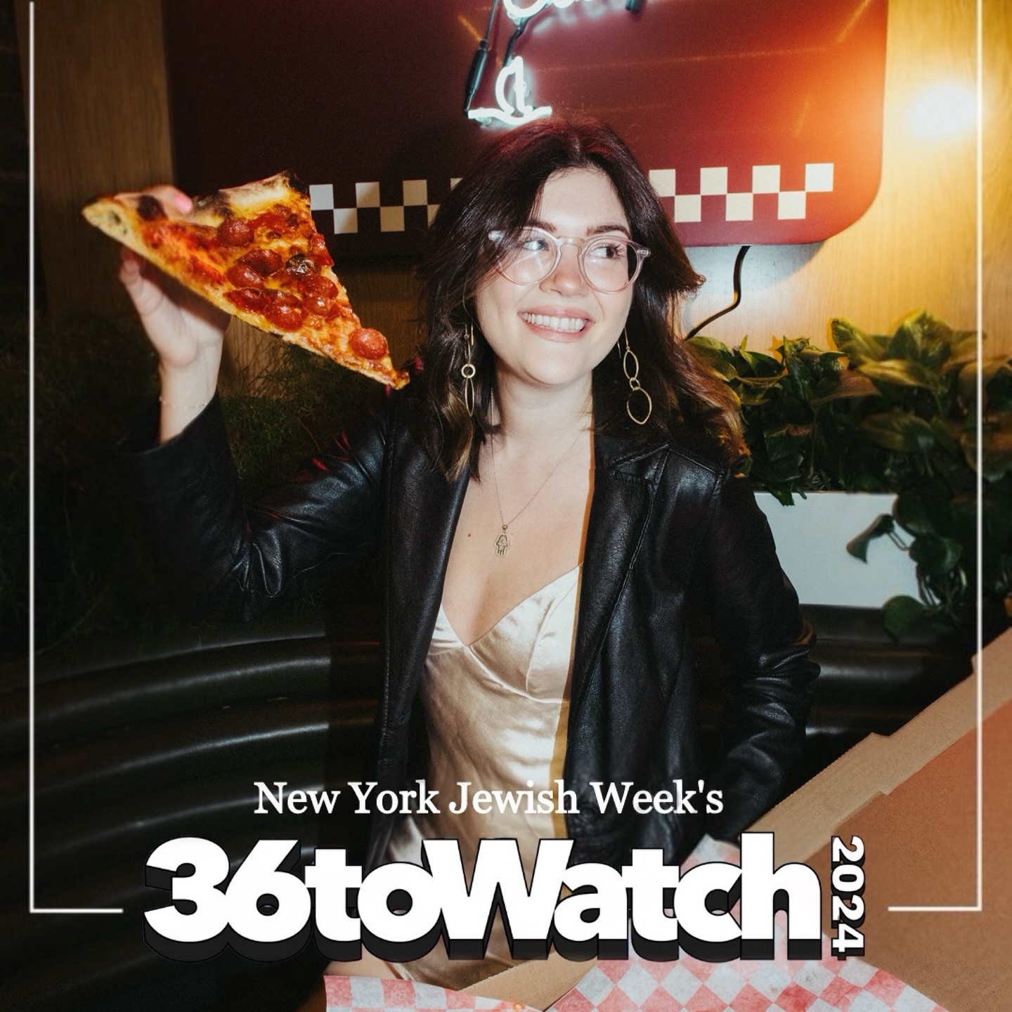 Morgan Raum holding a slice of pizza in a New York pizzeria, with the New York Jewish Week's 36 to Watch 2024 graphic