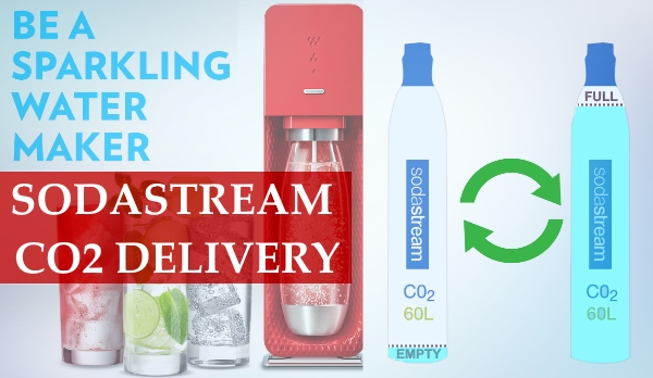 SodaStream carbonator cylinders lined up ready for exchange