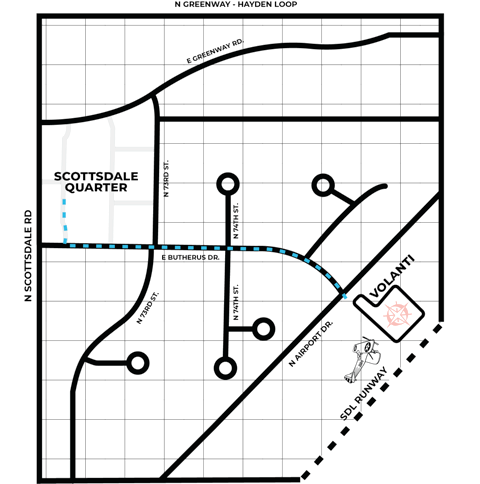 Map to Volanti: from N Scottsdale Rd take E Butherus Dr east, then N Airport Dr to Volanti at Scottsdale Airport