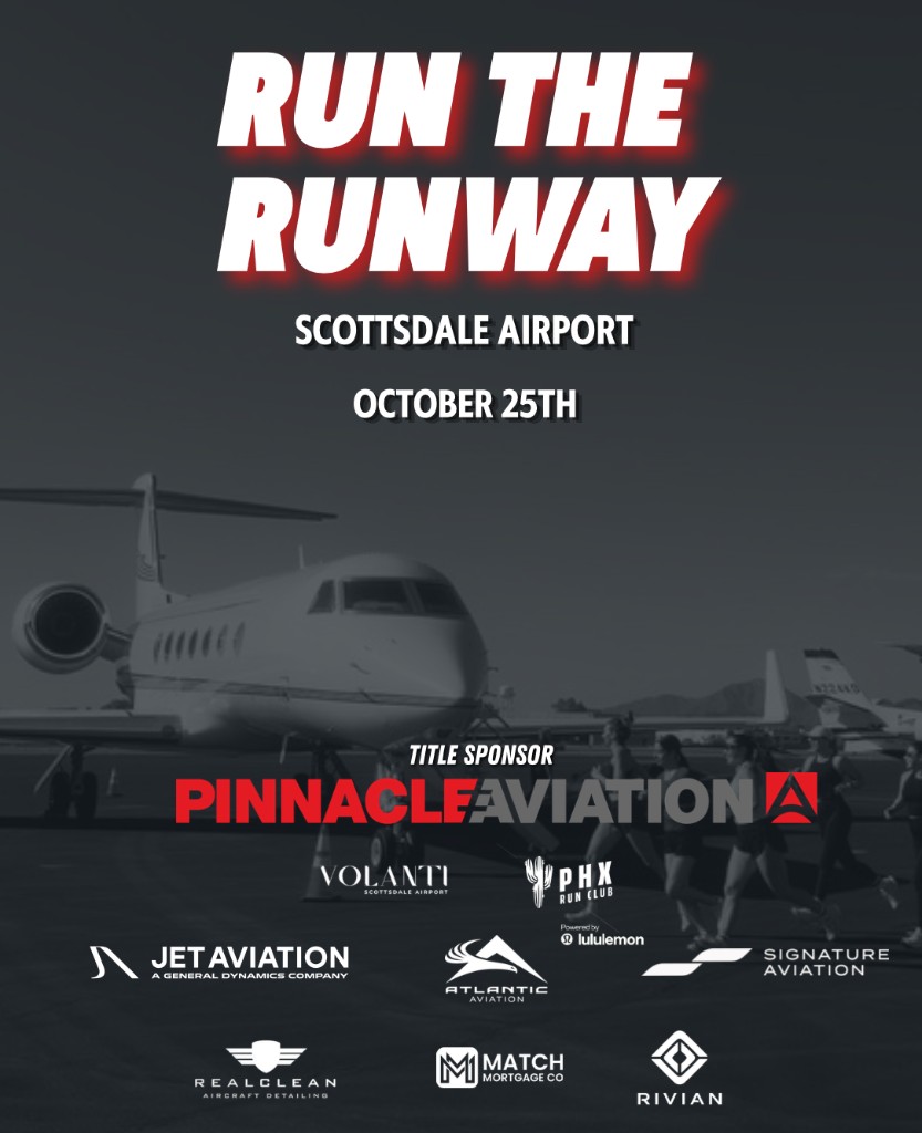 Run the Runway — Scottsdale Airport, October 25. Title sponsor Pinnacle Aviation. Volanti × PHX Run Club.