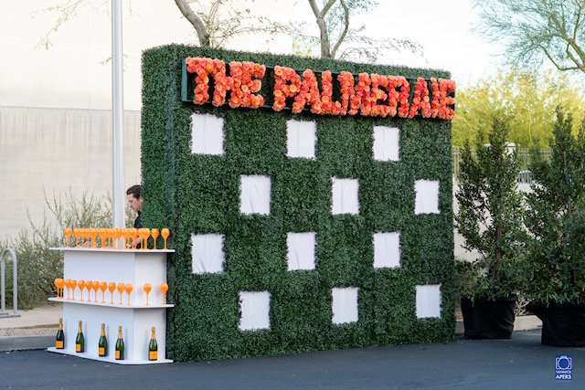 The Palmeraie floral wall and Veuve Clicquot bar