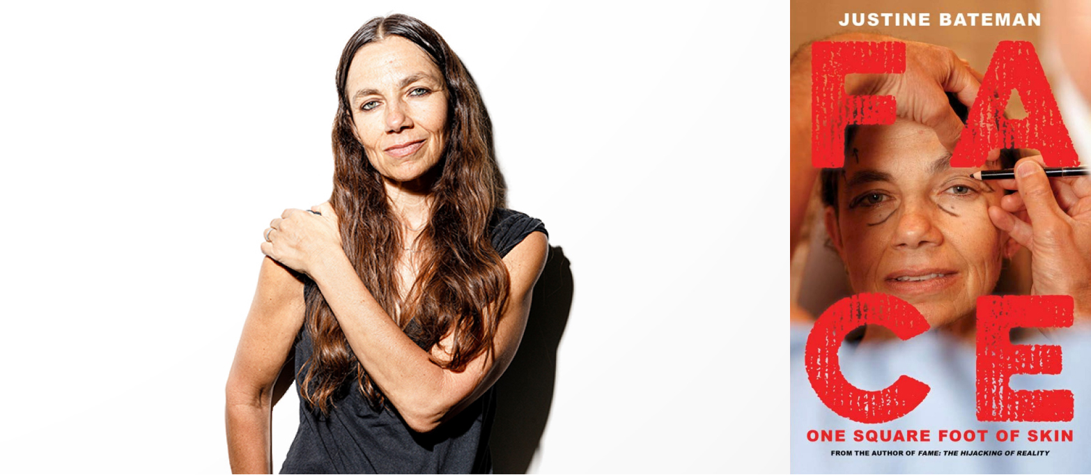 Justine Bateman portrait beside the cover of her book FACE: One Square Foot of Skin