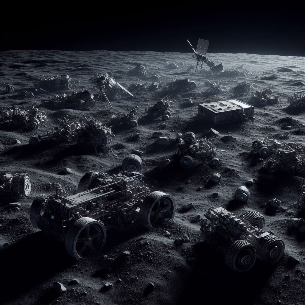 The moon's surface with numerous crashed lunar rovers and equipment, some upright and some overturned, under a dark sky with Earth in the background.
