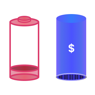 Digital illustration of two stacked, semi-transparent piggy banks, one pink and one blue, with dollar signs on the side.
