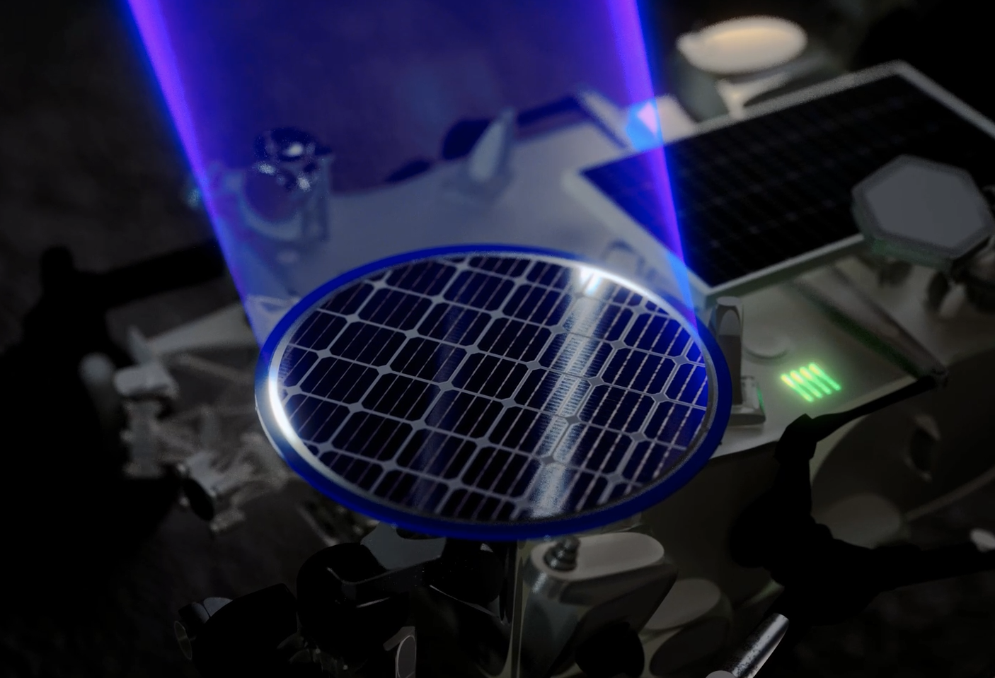 Close-up of a small solar panel generating electricity with blue laser beams directed onto it, set on a scientific experiment setup.