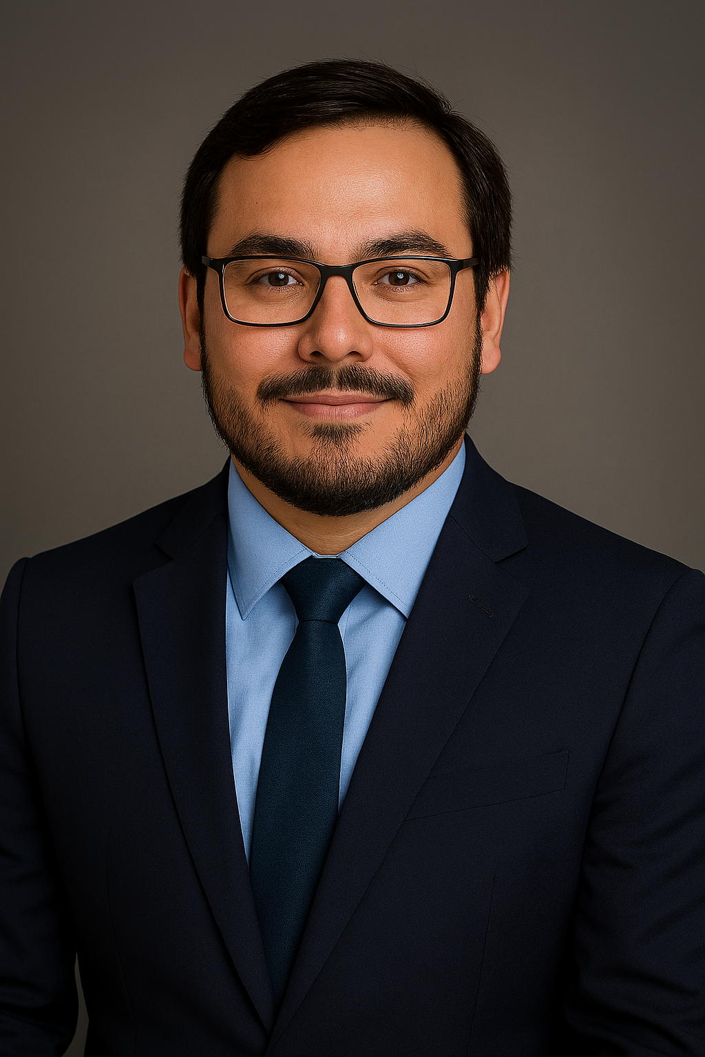 A professional headshot of a man with dark hair, beard, and glasses, wearing a navy suit, light blue shirt, and dark blue tie, against a plain gray background.