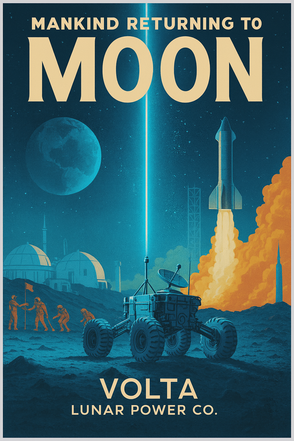 A retro-futuristic poster depicting a lunar landing scene with a Mars rover, astronauts planting a flag, and a rocket launching, with a large moon and Earth in the background. The text reads 'Mankind Returning to Moon' and advertises 'Volta Lunar Power Co.'