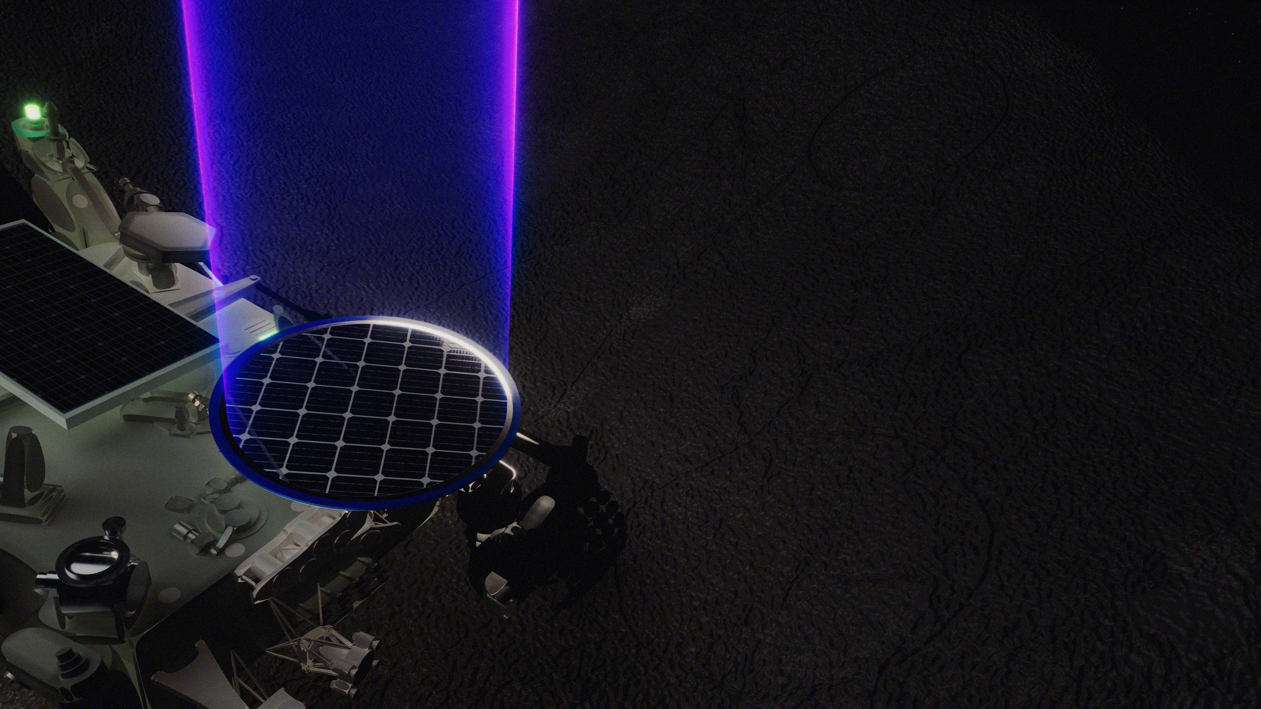 A satellite in space with solar panels and purple laser beams projecting from it over a cracked, dark planet surface.