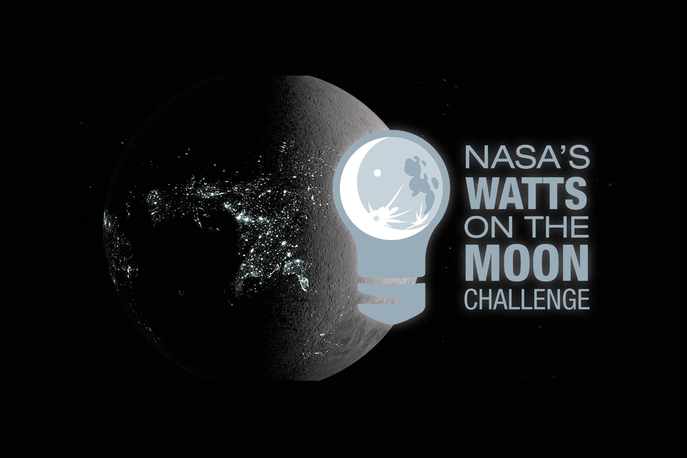 Graphic of the moon with a superimposed light bulb containing the moon and earth silhouette, and text reading 'NASA's Watts on the Moon Challenge'