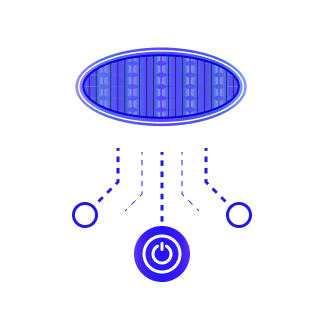 Blue electronic device with a circular vent and a power button.