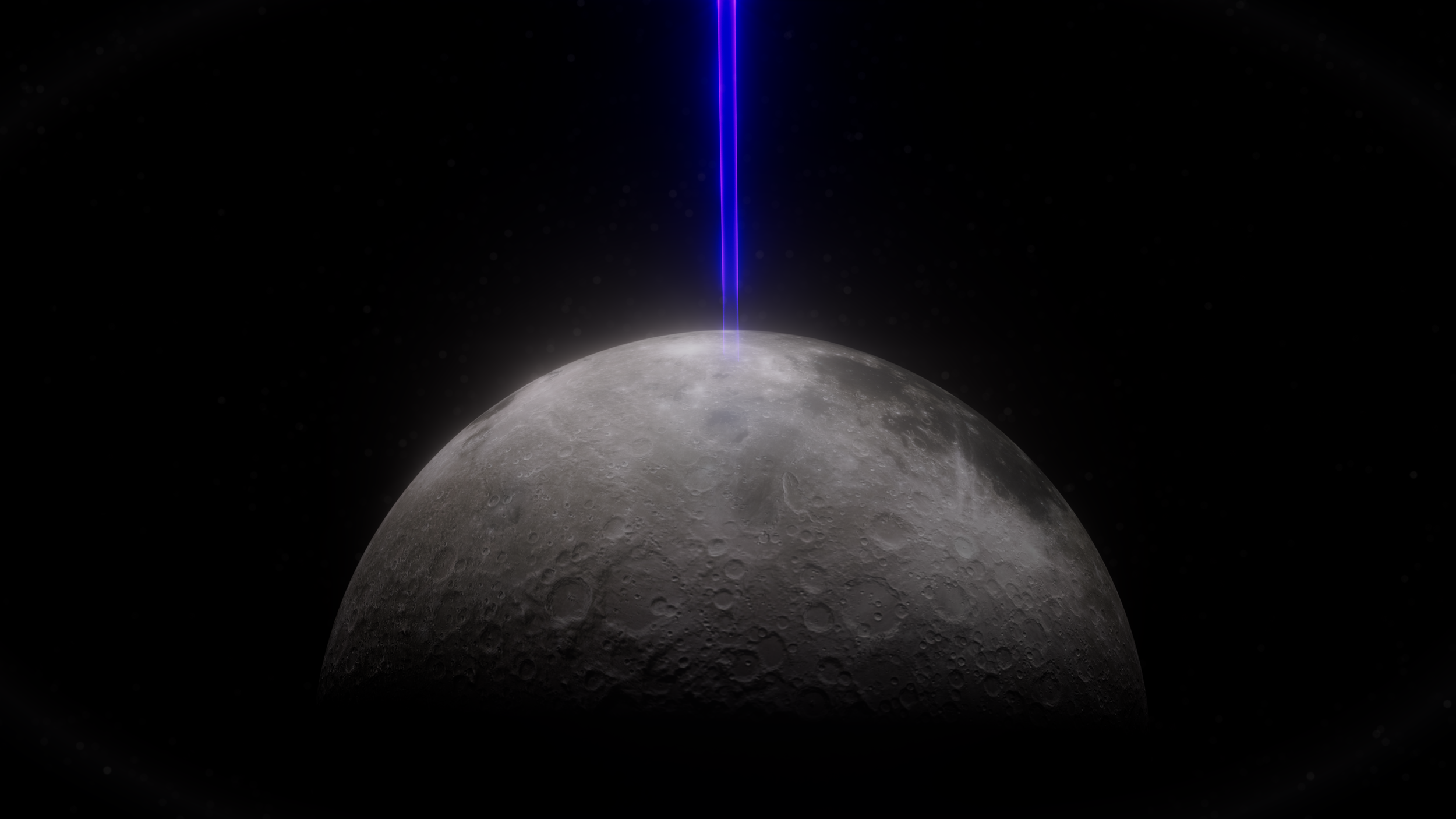 A digital rendering of the moon with a blue laser beam shooting upward from its surface, set against the dark space backdrop.