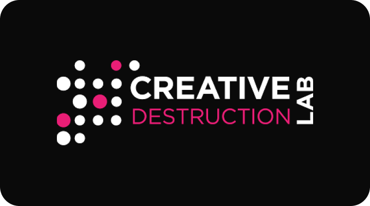 Logo for Creative Destruction Lab featuring black background with white and pink text and dots.