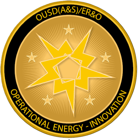 A circular emblem with a black border and yellow accents. Inside, a yellow lightning bolt is overlaid with a yellow pentagon shape, surrounded by radiating lines and six stars. The outer ring contains the text "OUSD(A&S)\VER&O" at the top and "OPERATIONAL ENERGY - INNOVATION" at the bottom.