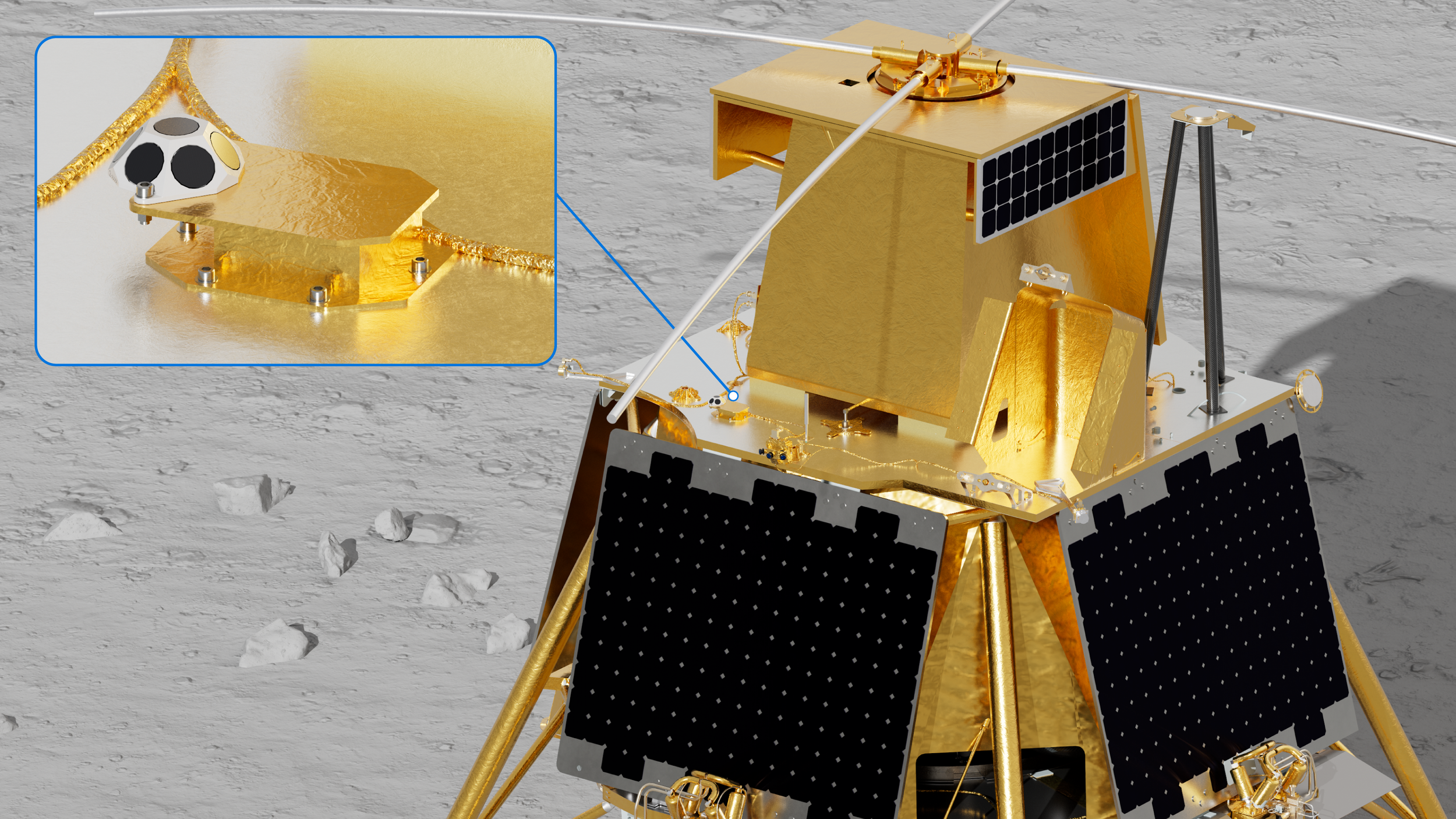 Close-up illustration of a lunar module, showing detailed gold foil surfaces, black solar panels, and structural components, on a gray, rocky lunar surface.