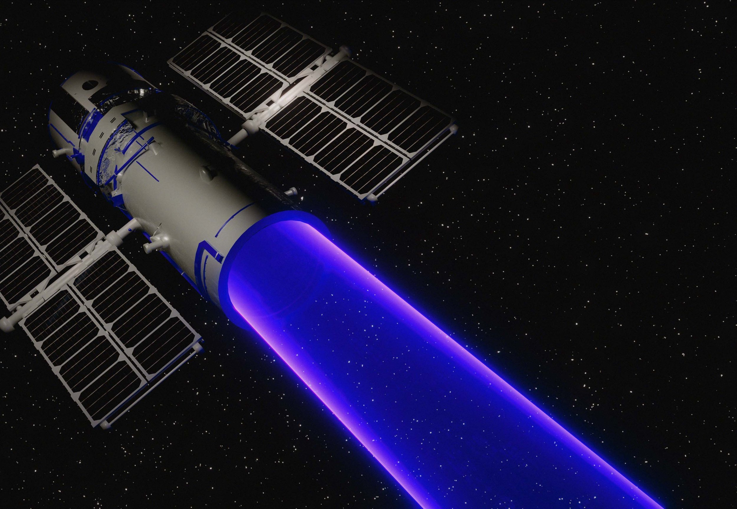 A spacecraft with solar panels and a large blue beam of energy or light emanating from it, set against the backdrop of outer space filled with stars.
